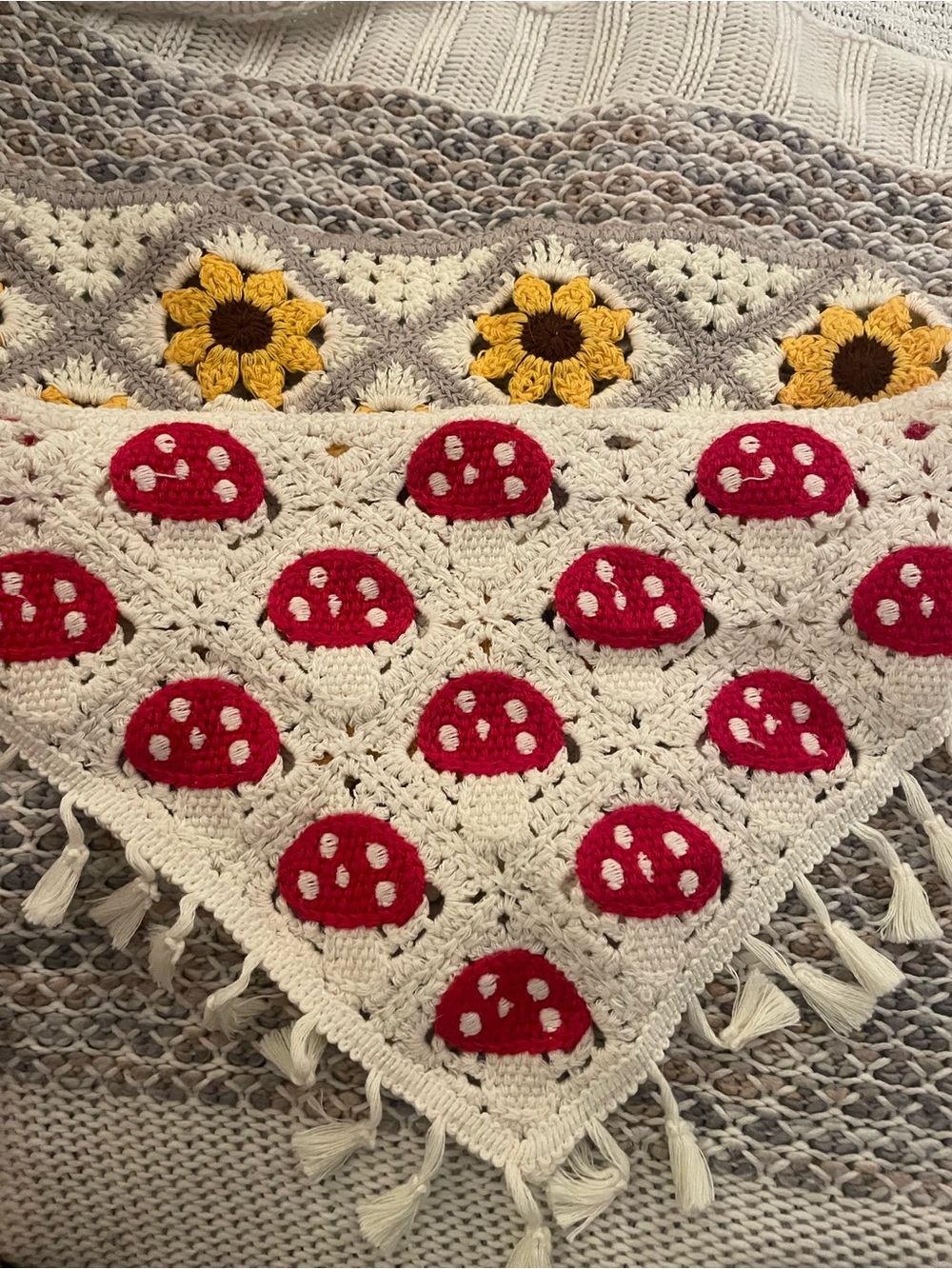 2 Handmade Crochet Headscarf’s with Red Mushroom Accents and Yellow Sunflowers